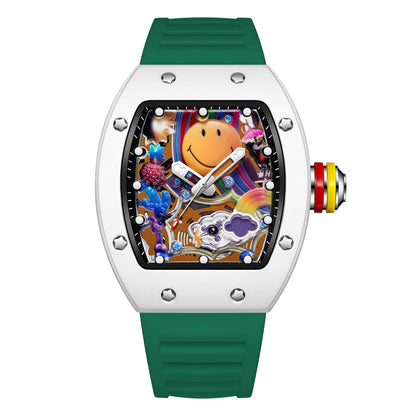 Men’s Barrel-Shaped Quartz Watch with Smiley Face Dial | Luminous Hollow Fashion Wristwatch