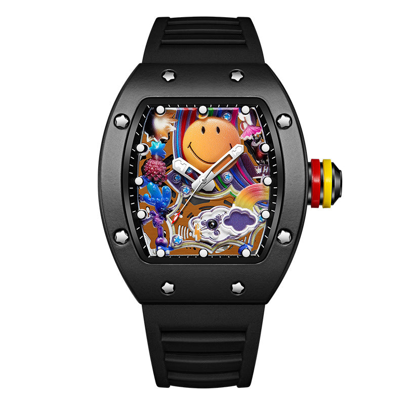 Men’s Barrel-Shaped Quartz Watch with Smiley Face Dial | Luminous Hollow Fashion Wristwatch