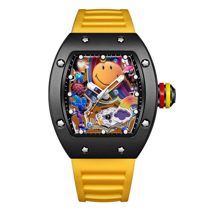Men’s Barrel-Shaped Quartz Watch with Smiley Face Dial | Luminous Hollow Fashion Wristwatch