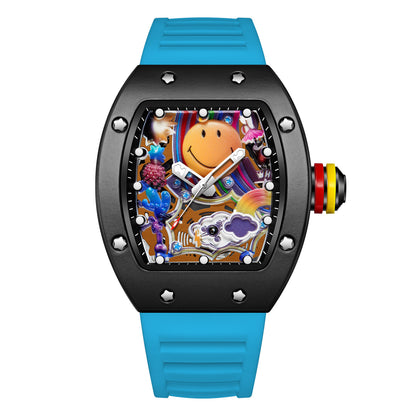 Men’s Barrel-Shaped Quartz Watch with Smiley Face Dial | Luminous Hollow Fashion Wristwatch