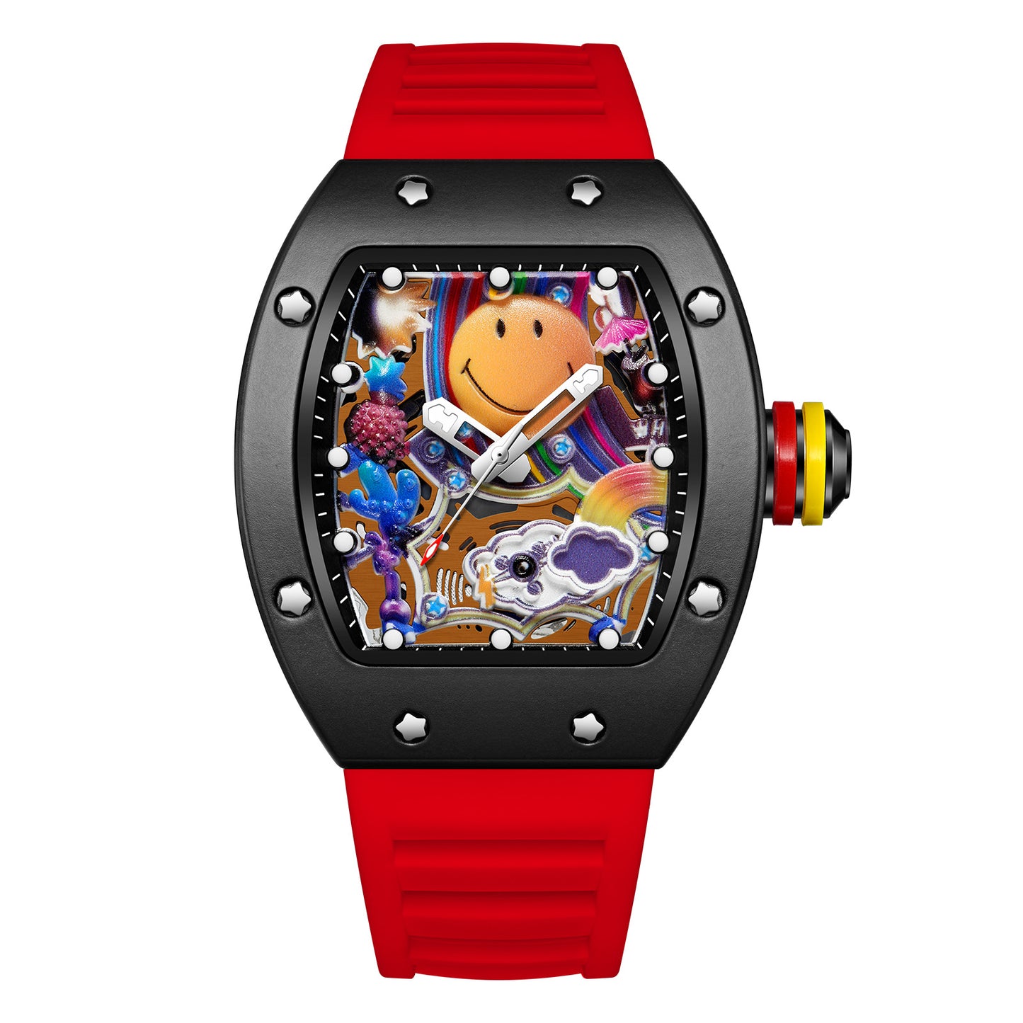 Men’s Barrel-Shaped Quartz Watch with Smiley Face Dial | Luminous Hollow Fashion Wristwatch