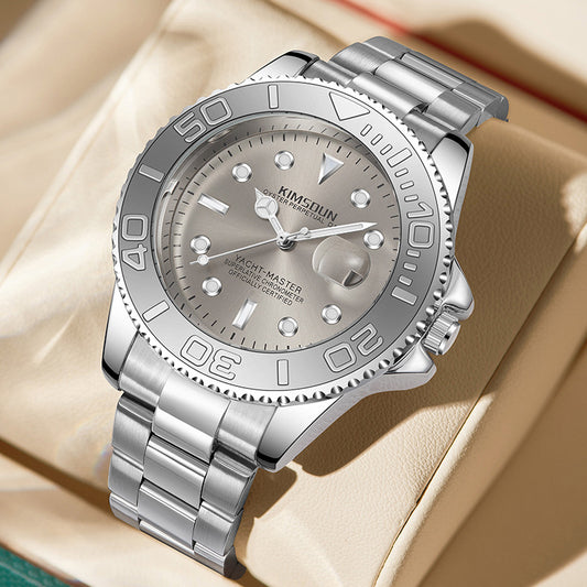 Men’s Gray Yacht-Inspired Quartz Watch – Luminous Stainless Steel Timepiece