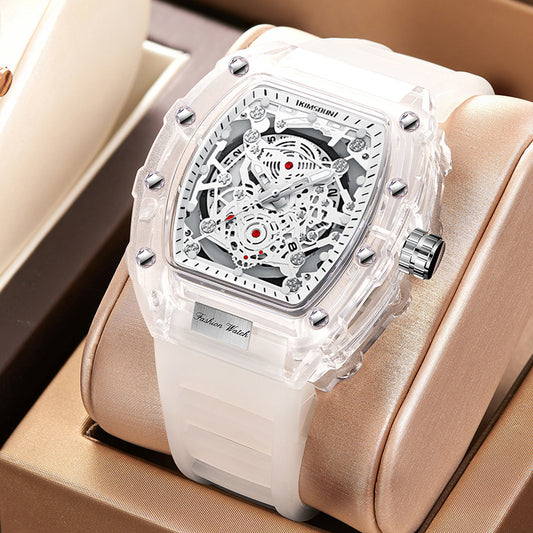 Transparent Barrel-Shaped Quartz Watch for Men – Personalized Fashion Waterproof Luxury Timepiece