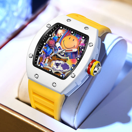 Men’s Barrel-Shaped Quartz Watch with Smiley Face Dial | Luminous Hollow Fashion Wristwatch