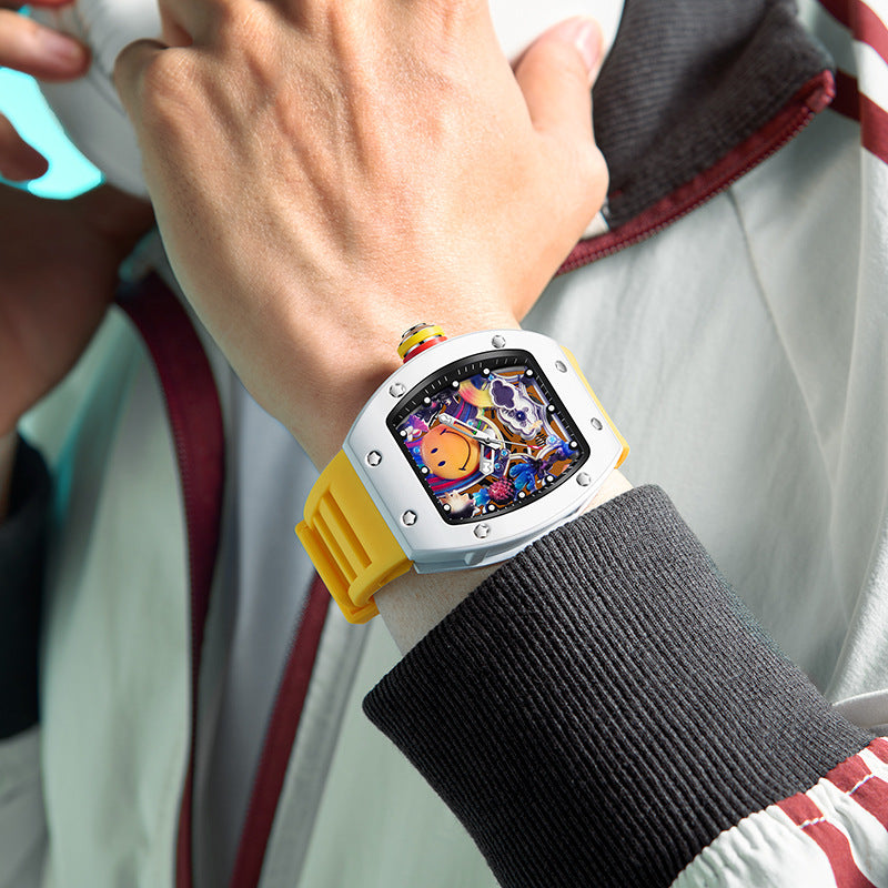 Men’s Barrel-Shaped Quartz Watch with Smiley Face Dial | Luminous Hollow Fashion Wristwatch