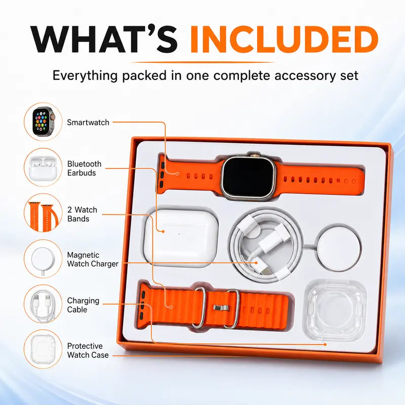 X90 Wearable Device Kit with Bluetooth Earbuds, Magnetic Charger, Type-C Cable & Protective Case