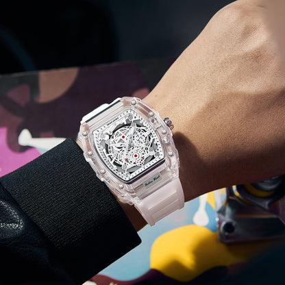 Transparent Barrel-Shaped Quartz Watch for Men – Personalized Fashion Waterproof Luxury Timepiece