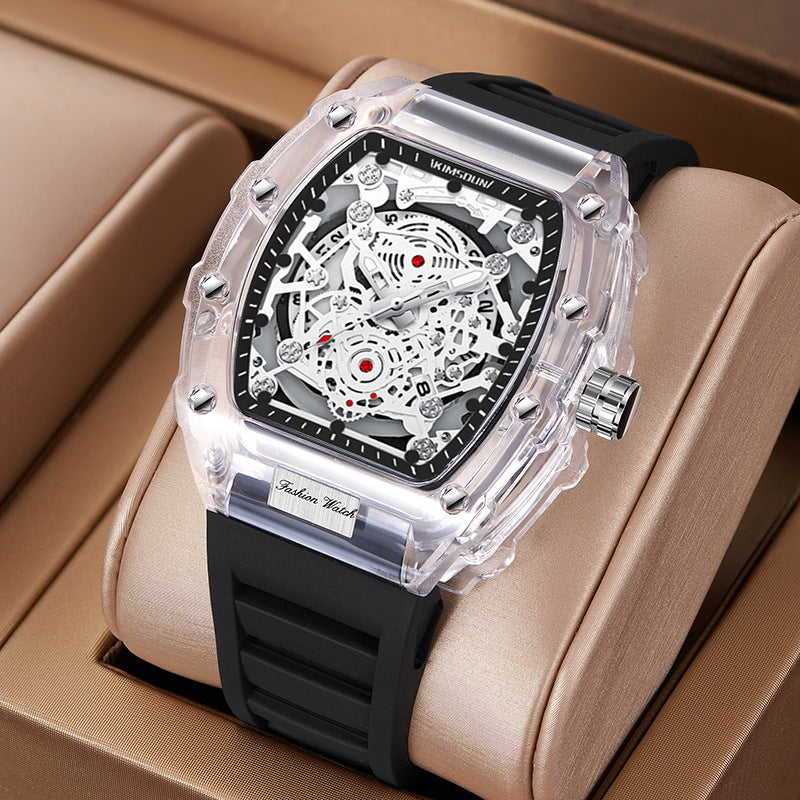 Transparent Barrel-Shaped Quartz Watch for Men – Personalized Fashion Waterproof Luxury Timepiece