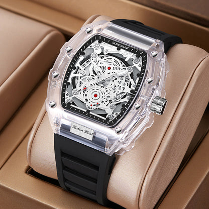 Transparent Barrel-Shaped Quartz Watch for Men – Personalized Fashion Waterproof Luxury Timepiece