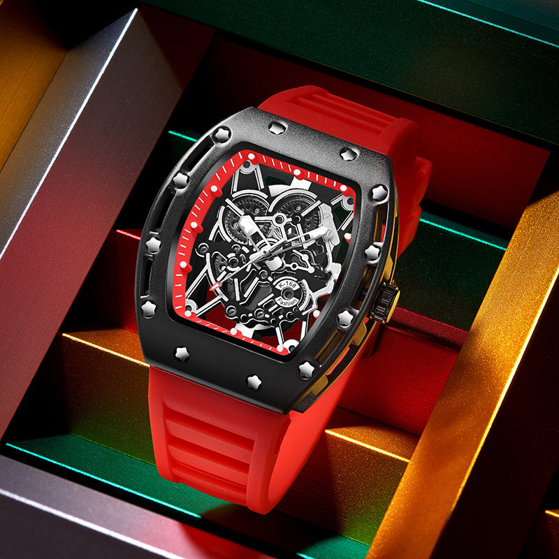 Men’s Barrel-Shaped Quartz Watch | Luminous Hollow Design Fashion Wristwatch