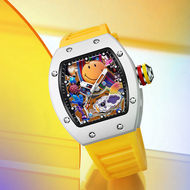 Men’s Barrel-Shaped Quartz Watch with Smiley Face Dial | Luminous Hollow Fashion Wristwatch