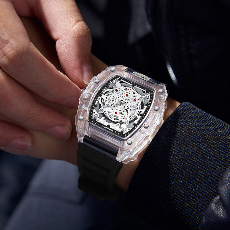 Transparent Barrel-Shaped Quartz Watch for Men – Personalized Fashion Waterproof Luxury Timepiece