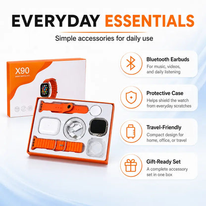 X90 Wearable Device Kit with Bluetooth Earbuds, Magnetic Charger, Type-C Cable & Protective Case