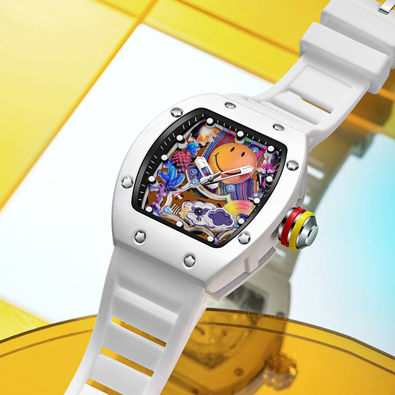 Men’s Barrel-Shaped Quartz Watch with Smiley Face Dial | Luminous Hollow Fashion Wristwatch