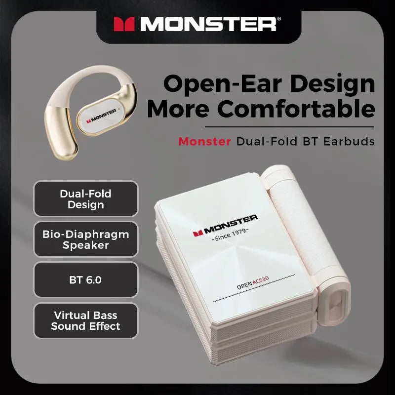 Monster AC530 Open-Ear Mic Headset, Dual-Fold Design, Mic Noise Cancellation Headphones, 165H Long Battery Life Bluetooth 6.0 Wireless Earbuds, Touch Control,Sweatproof, for Running, Workout, Driving, Back to School–Gift for Men-SummerWins-DealsForYouDays
