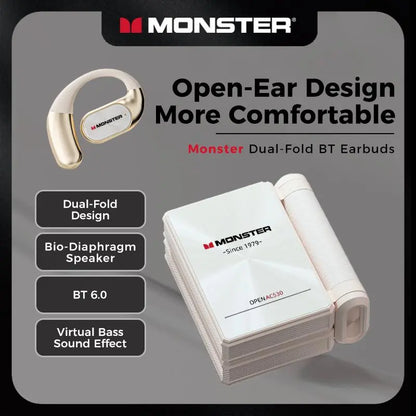 Monster AC530 Open-Ear Mic Headset, Dual-Fold Design, Mic Noise Cancellation Headphones, 165H Long Battery Life Bluetooth 6.0 Wireless Earbuds, Touch Control,Sweatproof, for Running, Workout, Driving, Back to School–Gift for Men-SummerWins-DealsForYouDays