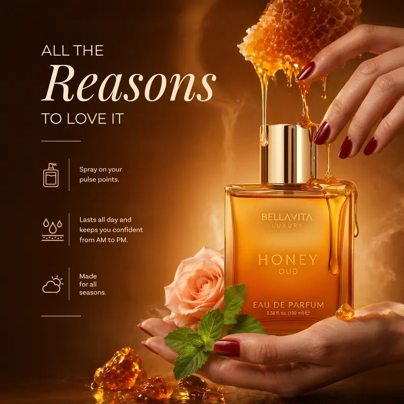 Bella Vita Luxury's Honey Oud | Eau de Parfum 100ml (3.4 fl oz) | Patchouli, Vanilla, Bergamot | Floral & Spicy | Made with Clean & Vegan Essentials Oils | Cruelty Free Fragrance Perfume