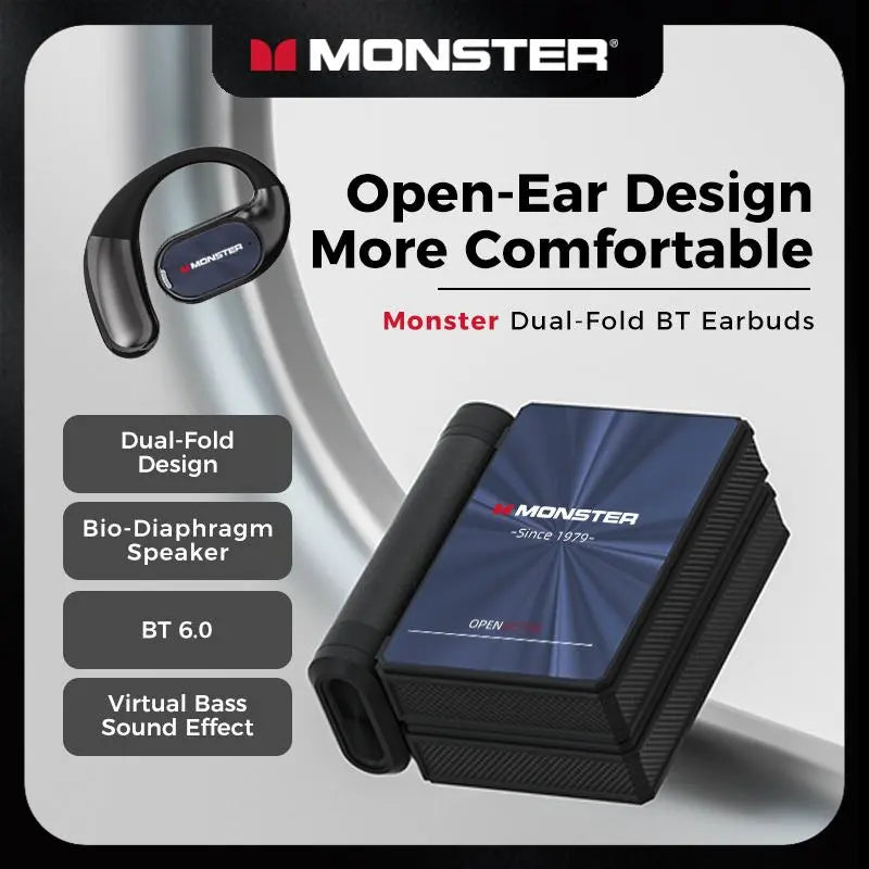 Monster AC530 Open-Ear Mic Headset, Dual-Fold Design, Mic Noise Cancellation Headphones, 165H Long Battery Life Bluetooth 6.0 Wireless Earbuds, Touch Control,Sweatproof, for Running, Workout, Driving, Back to School–Gift for Men-SummerWins-DealsForYouDays