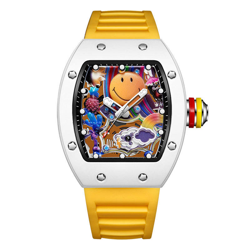 Men’s Barrel-Shaped Quartz Watch with Smiley Face Dial | Luminous Hollow Fashion Wristwatch