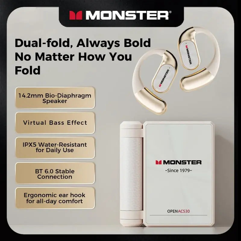 Monster AC530 Open-Ear Mic Headset, Dual-Fold Design, Mic Noise Cancellation Headphones, 165H Long Battery Life Bluetooth 6.0 Wireless Earbuds, Touch Control,Sweatproof, for Running, Workout, Driving, Back to School–Gift for Men-SummerWins-DealsForYouDays