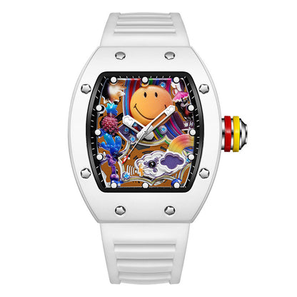 Men’s Barrel-Shaped Quartz Watch with Smiley Face Dial | Luminous Hollow Fashion Wristwatch