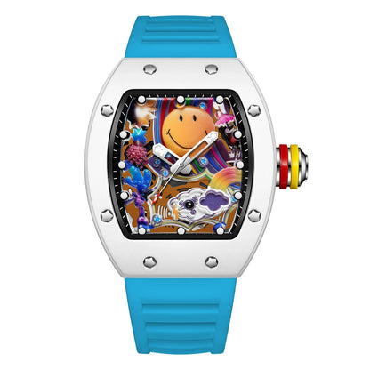 Men’s Barrel-Shaped Quartz Watch with Smiley Face Dial | Luminous Hollow Fashion Wristwatch