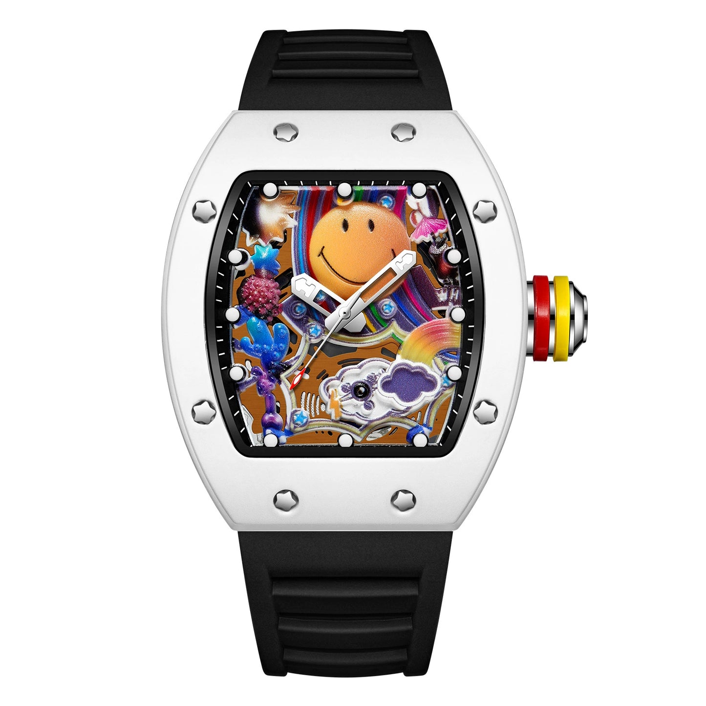 Men’s Barrel-Shaped Quartz Watch with Smiley Face Dial | Luminous Hollow Fashion Wristwatch