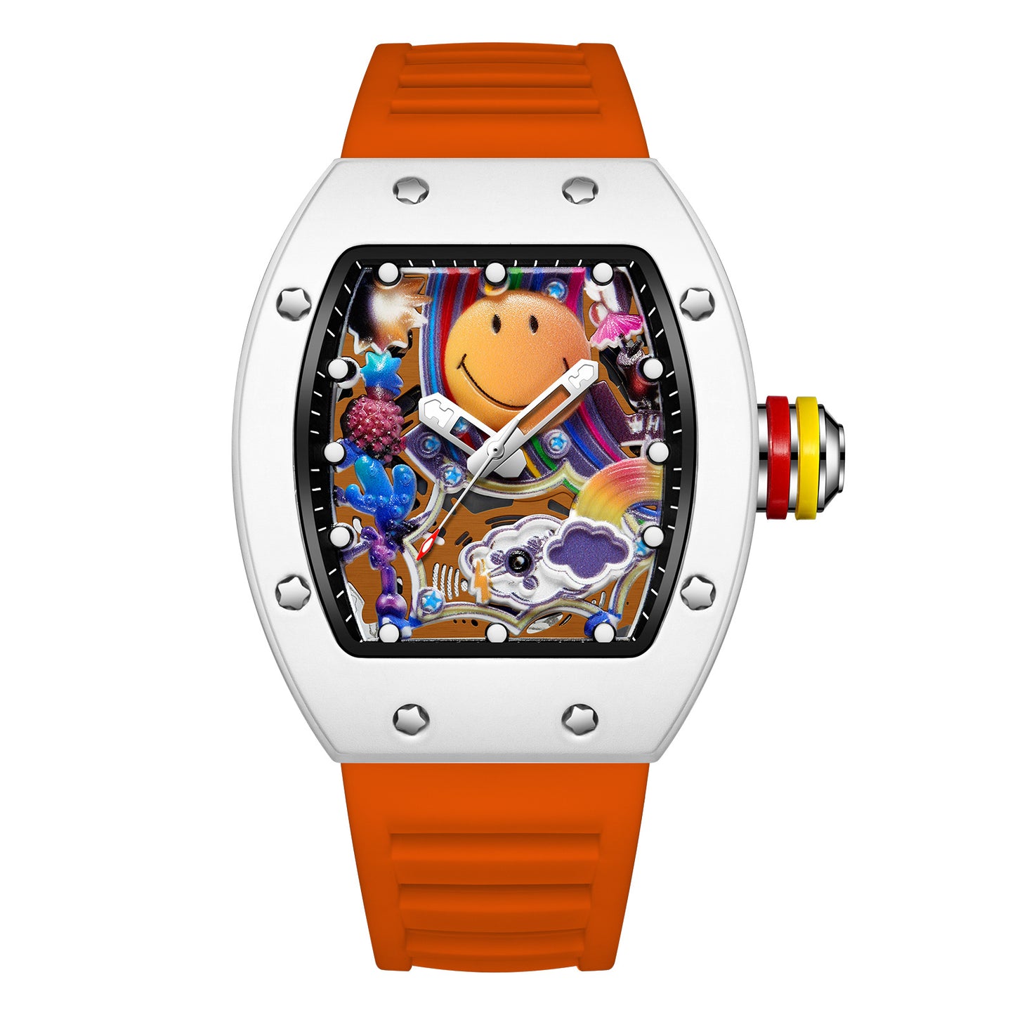 Men’s Barrel-Shaped Quartz Watch with Smiley Face Dial | Luminous Hollow Fashion Wristwatch