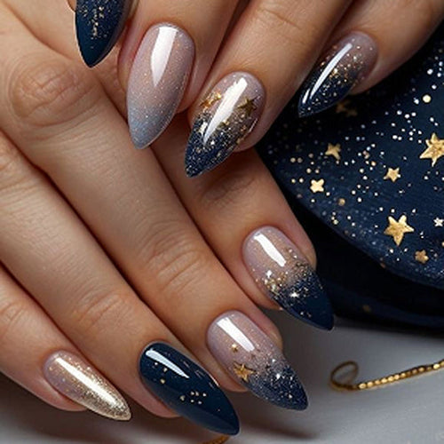 Celestial Night Medium Almond Dark Blue with Glittering Gold Stars Press On Nail Set