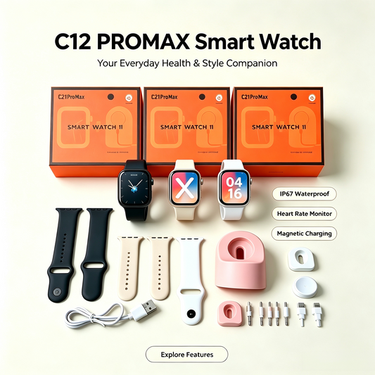 C12 PROMAX Smart Watch with Charging Stand – Bluetooth Calling, Heart Rate & Blood Oxygen Monitoring