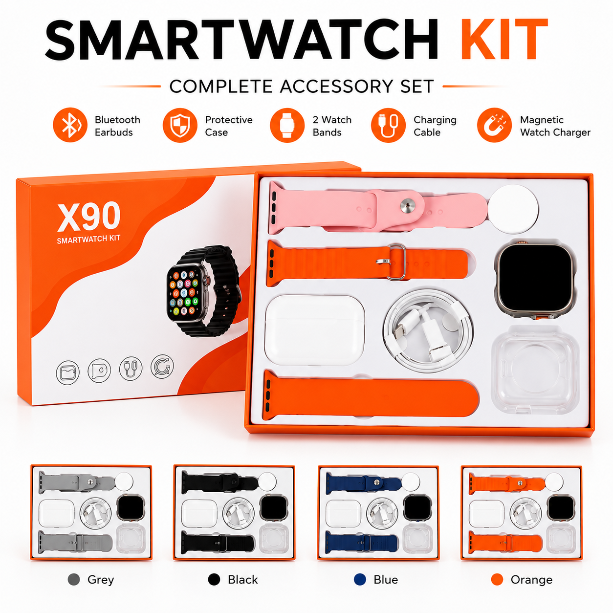 X90 Wearable Device Kit with Bluetooth Earbuds, Magnetic Charger, Type-C Cable & Protective Case