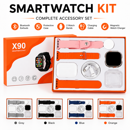 X90 Wearable Device Kit with Bluetooth Earbuds, Magnetic Charger, Type-C Cable & Protective Case
